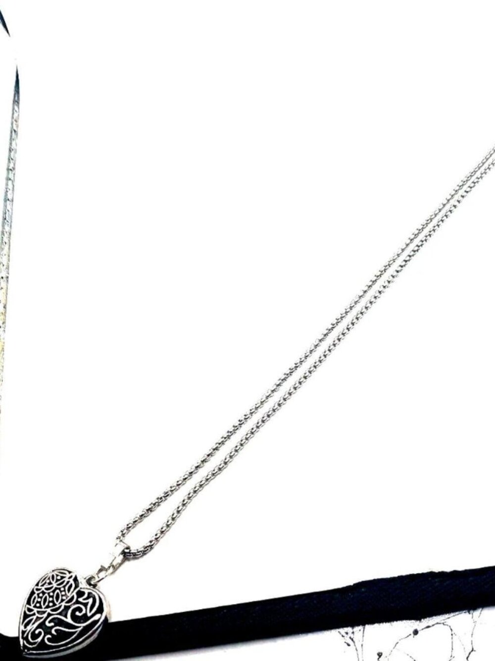 Gothic Black + Silver Heart Pendant with Chain 24 Inches Long